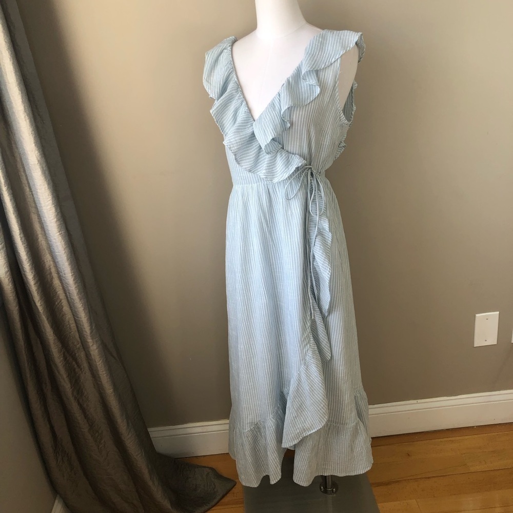 Pastel blue & White stripe cotton flouncy ruffled wrap midi dress M